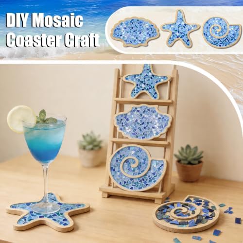 luperasol 6 Sets DIY Ocean Mosaic Tiles for Crafts Mixed Color Glass Mosaic Kits Wooden Coaster for Drinks Tray Handmade Home Decoration and Gift Idea - Image 5