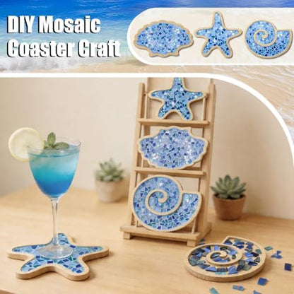 luperasol 6 Sets DIY Ocean Mosaic Tiles for Crafts Mixed Color Glass Mosaic Kits Wooden Coaster for Drinks Tray Handmade Home Decoration and Gift Idea - Image 5