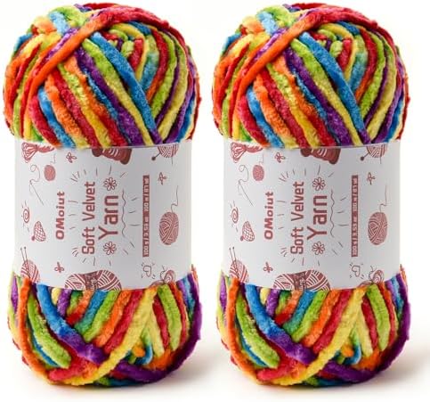 2x100g Fluffy Velvet Chenille Yarn for Crocheting and Knitting, 80m (87.5yd) Baby Yarn for Crocheting Soft, Crochet Chunky Yarns Amigurumi Yarns (2 Rainbow 2) by OMoiut