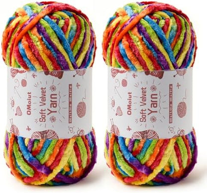 2x100g Fluffy Velvet Chenille Yarn for Crocheting and Knitting, 80m (87.5yd) Baby Yarn for Crocheting Soft, Crochet Chunky Yarns Amigurumi Yarns (2 Rainbow 2) by OMoiut