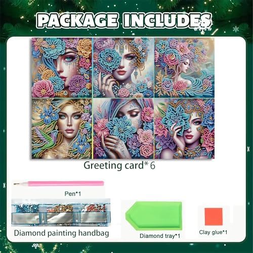 DIZAKIM 6-Piece Christmas-Themed Diamond Painting Greeting Cards Christmas Eve DIY Craft Kit Birthday Gift (Flower Beauty) - Image 3