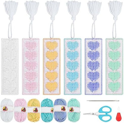 FREEBLOSS 12 Set Bookmark Kit 6 Colors Yarn Plastic Canvas Heart Pattern Bookmark Cross Stitch Kit with Instruction Plastic Canvas for Embroidery Crafting Adults by FreeandCreativeCraftsArt