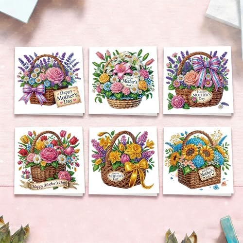 6Pcs Mother's Day Greeting Card DIY Diamond Art Painting Greeting Cards Special Shaped Diamond Blessing Folding Card Kit Arts Crafts for Holiday Festival-Flower Basket - Image 5