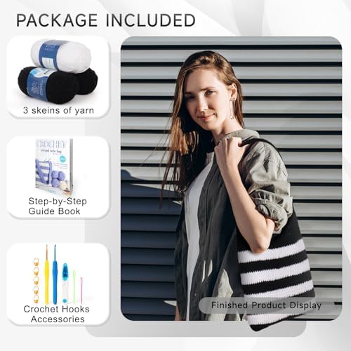 Katech Crochet Kit for Beginners w/Striped Tote Bag 3-1 Crochet Book Black - Image 3
