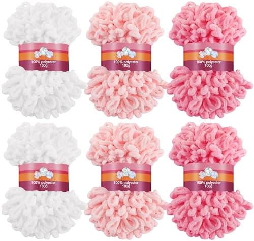 Threlaco 6 Skeins Loops Yarn Bulk Finger Loop Yarn,White, Pink, Carmine by Threlaco