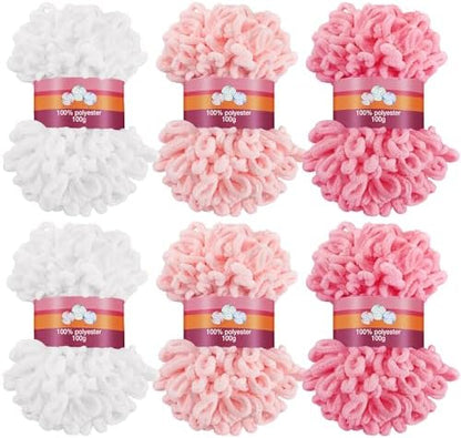 Threlaco 6 Skeins Loops Yarn Bulk Finger Loop Yarn,White, Pink, Carmine by Threlaco