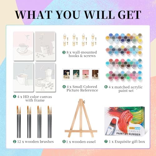 Camocin 4 Pack Framed Paint by Numbers Kit for Adults with Wooden Easel - Image 4