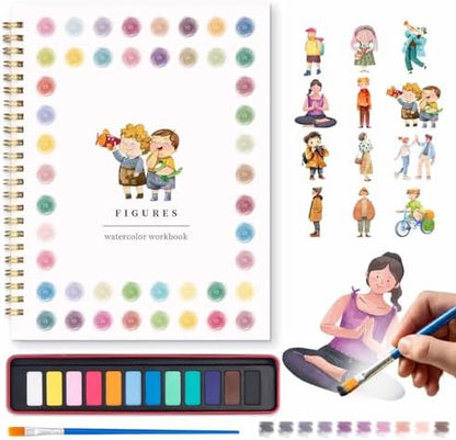 Watercolor Workbook - Beginner Friendly Watercolor Kit with 12 Colors Paint Set, Brush & Coloring Book, Adult Watercolor Painting Book & Learning Workbook for Teens（People） by Sokfone
