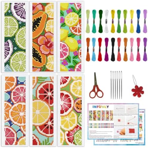 INFUNLY 6Pcs Lemon Cross Stitch Bookmark Kit 3x8.5 Inch/7.6x21.6cm Stamped Embroidery Starter Set with 20 Color Floss Cotton Linen DIY Needlepoint Bookmark for Book Lovers Gift, Colorful by INFUNLY