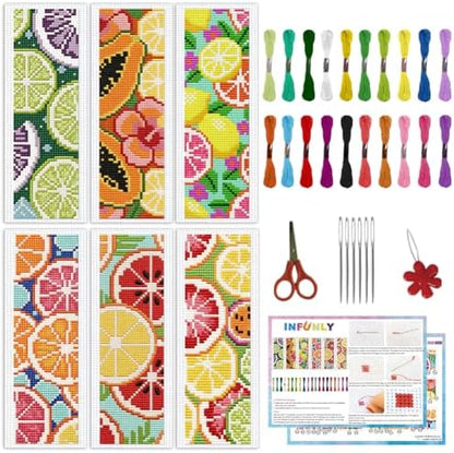 INFUNLY 6Pcs Lemon Cross Stitch Bookmark Kit 3x8.5 Inch/7.6x21.6cm Stamped Embroidery Starter Set with 20 Color Floss Cotton Linen DIY Needlepoint Bookmark for Book Lovers Gift, Colorful by INFUNLY