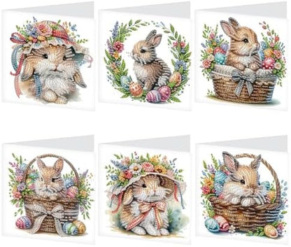 Tontut 6pcs Diamond Art Painting Kit Greeting Card, Basket Bunny 5D DIY Diamond Handmade Holiday Glitter Greeting Card with Envelope, Easter Day Holiday Gift Congratulation by Tontut