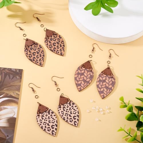 Elecrelive 3 Pairs Leopard Print Earrings Making Kits Brown Wooden Charms Leaf Pattern Wood Earring Blanks Oval Dangle Pendants with Jump Rings DIY Craft Jewelry - Image 2