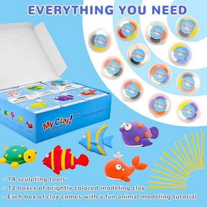 Air Dry Clay for Kids,12 Box Sea Animal Modeling Clay Art Craft Kit,Ultra Soft & Mess-Free, with Sculpting Tools, Tutorials, Ideal Gift for Boys Girls Birthday Christmas Party Favor - Image 2