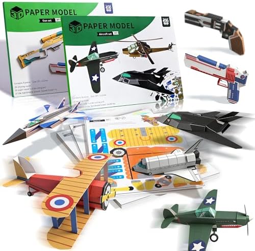 2 Themes in 1, 3D Model Paper Airplane Kits, DIY Origami Kit for Kids Ages 8-12, Include 16 Pre-cut, Easy-to-Assemble Gun & Aircraft Models, Origami Kit for Kids Ages 8-12, Paper Airplane Kits by Flamax