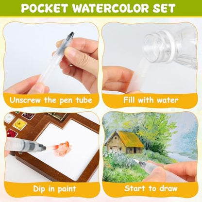 Mini Watercolor Travel Set, 24 Colors Pocket Watercolor Paint Kit with Walnut Wood Palette, 2 Sketchbooks, 5 Brushes & Carry Bag – Portable Art Supplies for Beginners, Artists and Outdoor Sketching - Image 6
