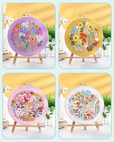 ERKOON 4 Sets Embroidery Kit for Beginners,Hummingbird and Flower Cross Stitch Set for Include Embroidery Cloth Hoops Threads for Craft Lover Hand Stitch (Flower) - Image 2