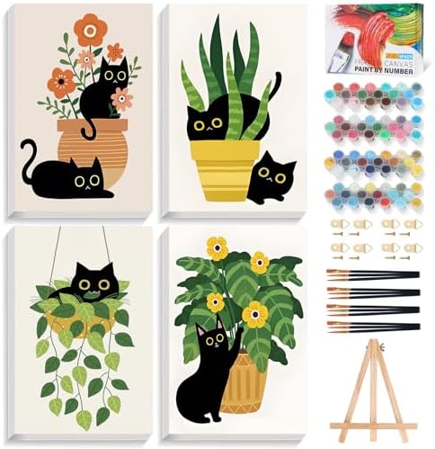 4 Pack Paint by Numbers Kit for Adults with Frame, Black Cat & Green Plant by Okarina