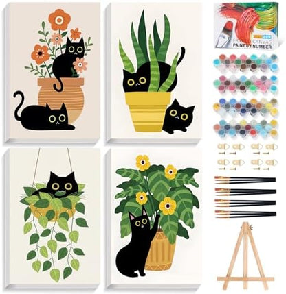 4 Pack Paint by Numbers Kit for Adults with Frame, Black Cat & Green Plant by Okarina