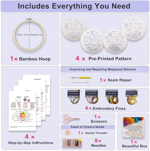 VIVIDOX 4 Sets Embroidery Kit for Beginners with Stitch Video, Cross Stitch Kits for Adults, Hand Craft Lover, Starters Easy Practice with Stamped Pattern, Hoop, Needles, Scissors, Tools & Instruction - Image 2