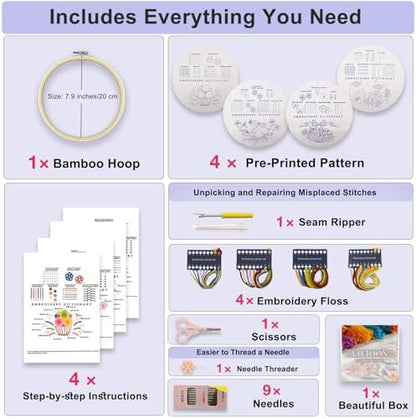 VIVIDOX 4 Sets Embroidery Kit for Beginners with Stitch Video, Cross Stitch Kits for Adults, Hand Craft Lover, Starters Easy Practice with Stamped Pattern, Hoop, Needles, Scissors, Tools & Instruction - Image 2