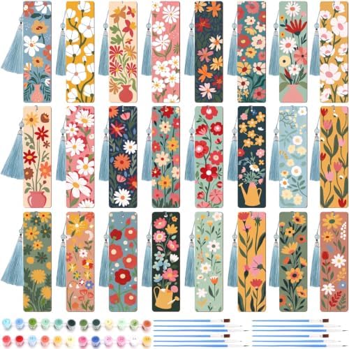 Kosiz 24 Pcs Butterfly Flowers Paint by Number Kit for Adult Wood Bookmark by Kosiz