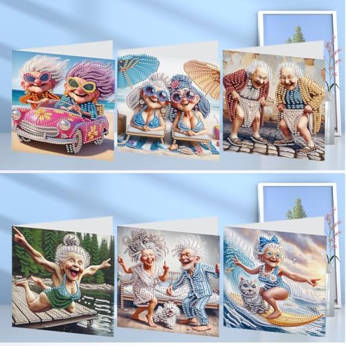 C'eitura 6Pcs Happy Old Lady Diamond Art Greeting Card Kit – DIY Rhinestone Painting Postcard Set for Christmas New Year Holiday Party Favors, Creative Craft Gift for Adults - Image 2