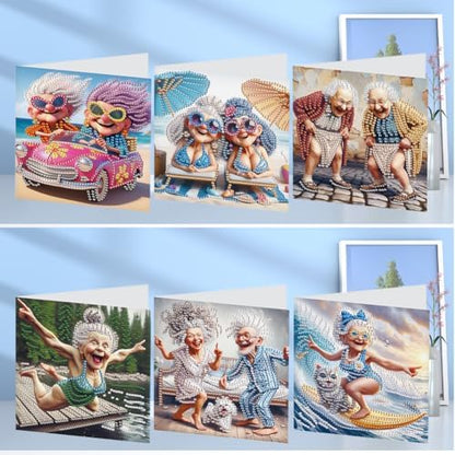 C'eitura 6Pcs Happy Old Lady Diamond Art Greeting Card Kit – DIY Rhinestone Painting Postcard Set for Christmas New Year Holiday Party Favors, Creative Craft Gift for Adults - Image 2