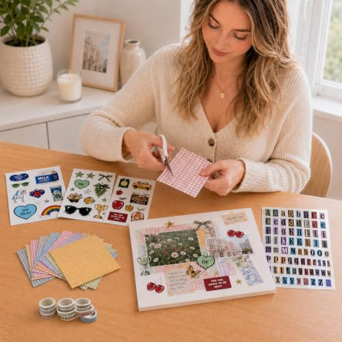Scrapbook Supplies Kit 12 Sheets 6x6 Inch Scrapbook Paper 4 Letter Sticker Sheets 10 Washi Tape 8 Decorative Sticker Sheets for Scrapbooking Journaling Diary and Junk Journal Crafts (Girly) - Image 5