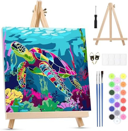 MXJSUA Sea​Turtle Framed Paint by Numbers Kit for Adults Beginner with Wooden Easel, Adults' Paint-by-Numbers on Canvas, Easy DIY Acrylic Number Painting for Home Decor Gifts, 10x10 inch by MXJSUA-DiamondPaintingkits