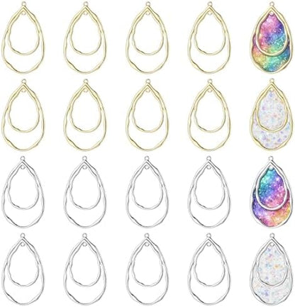 20 Pcs Teardrop Open Back Bezel Charms Pendants, 2 Colors Alloy Hollow Frame Open Back Teardrop Hollow Pendant Bezels for DIY Resin Epoxy Jewelry Making, Pressed Flower Craft (Gold, Silver) by Unknown