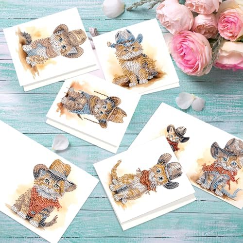 Tontut 6pcs Diamond Painting Kit Greeting Card, Cat 5D DIY Diamond Handmade Holiday Greeting Card with Envelope, Christmas Gift Congratulation - Image 5