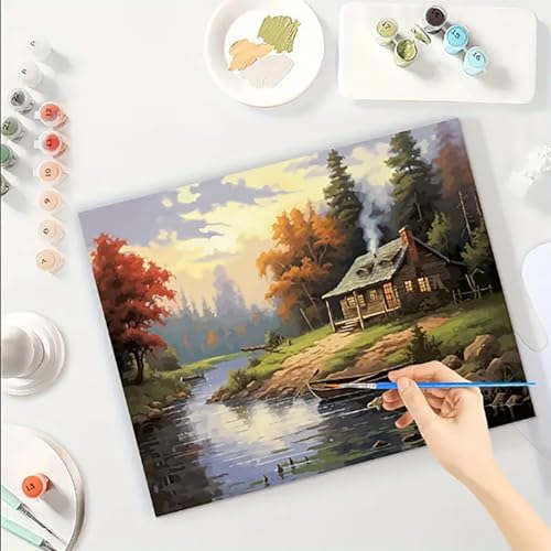 MaiMMaledy Paint by Numbers Kit for Adults Beginners 8Wx12L inch Canvas Pictures with Framed Drawing Painting Works with Wooden Triangle Easel Acrylic Pigment Riverside Cabin - Image 3