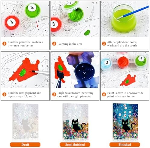 Fountor 12” W x 16”L Framed Paint by Numbers Kit for Adults Beginner, Black Cat Adult Paint by Number Kits on Canvas, Cat Flowers Acrylic Painting by Numbers for Home Decor Gift - Image 6