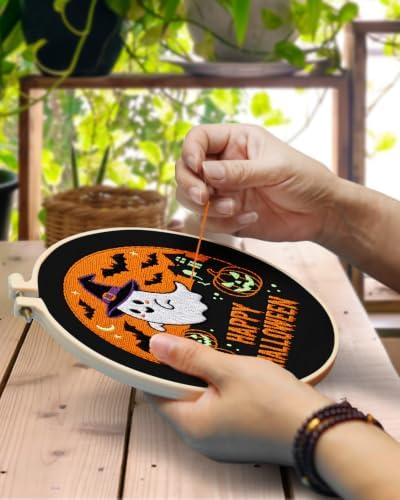 TINDTOP Halloween Embroidery Kit for Adult, Embroidery DIY Starter Kit, with Stamped Patterns, Hoop, Tools, Colorful Threads with Needles, Instructions (Halloween B) - Image 4