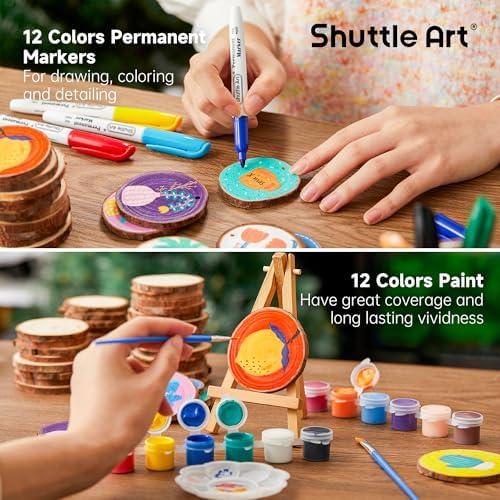 Wood Slices Kit, Shuttle Art 35 PCS Unfinished Natural Wood Slices with Pre-Drilled Hole, Acrylic Paint, Permanent Markers, Jute Twine, DIY Craft for Kids Adults Holiday Decoration Christmas Ornaments - Image 5