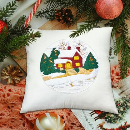 FONNUY Christmas Embroidery Kit for Beginners, Throw Pillow Case Cross Stitch Set Winter Snow House Holly Tree Pattern for Adults, Hand Works Crafts Throw Pillow Cover, 18 x 18'' (White) - Image 4