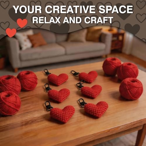 FACE N FACE DIY Crochet Heart Keychain Kit for Beginners – 6 Pack Valentine's Day Red Yarn Heart Keychains with Hook, Yarn & Instructions – Easy Beginner Knitting Craft Gift Set for Adults - Image 6