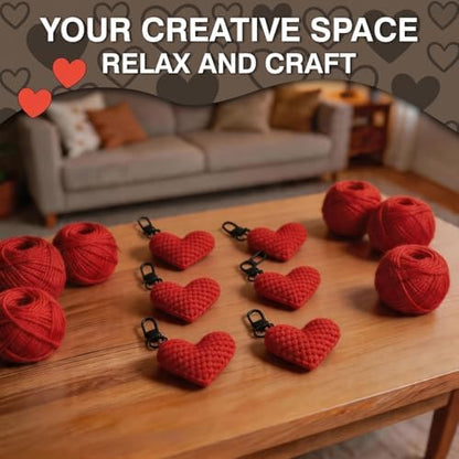 FACE N FACE DIY Crochet Heart Keychain Kit for Beginners – 6 Pack Valentine's Day Red Yarn Heart Keychains with Hook, Yarn & Instructions – Easy Beginner Knitting Craft Gift Set for Adults - Image 6