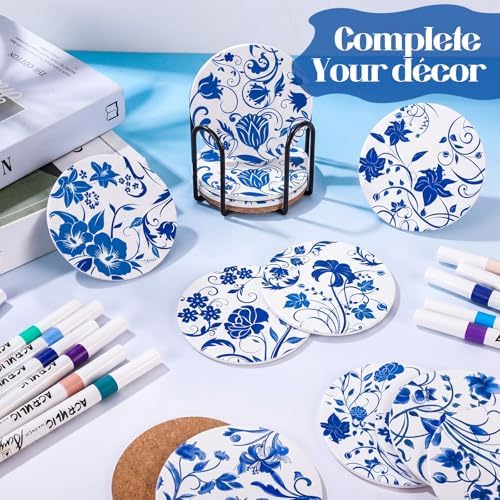 Reallnaive 45 Pcs Blue Flower Wooden Coasters Painting Kit, 4 Inch Paint Your Own Boho Coasters with Markers, Arts and Crafts for Adults Women Seniors Elderly Crafters Gifts - Image 5