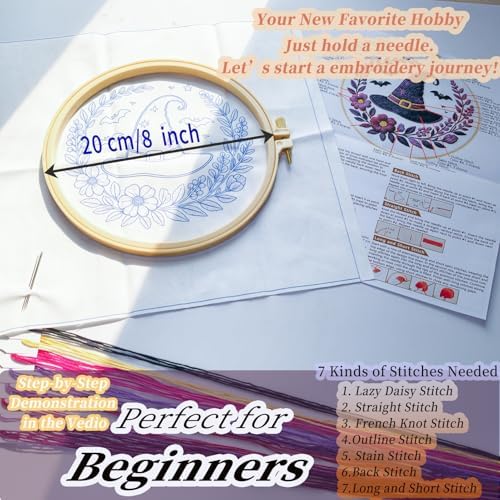 FONNUY Halloween Embroidery Kits for Beginners,Skull Pumpkin Spider Web Floral Stamped Cross Stitch Kit for Adults, Spooky Season Boho Wall Decor, 8'' Hoop (Witch Hat) - Image 5