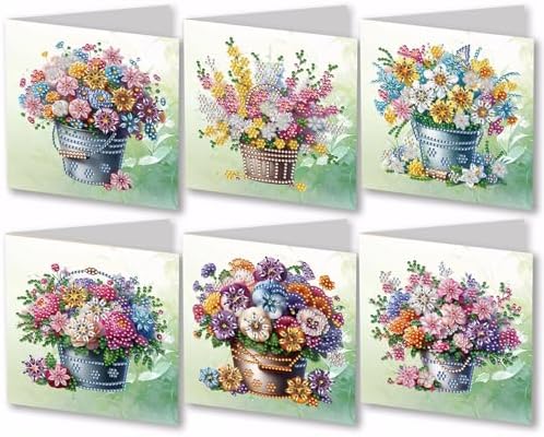 Diamond Art Painting Cards,6 Pack Gem Art Greeting Cards with Envelopes, 5D Diamond Dots Kits Birthday Cards Making Kits for Adults Family Friends Birthday Gifts(Flower Bucket) - Image 2