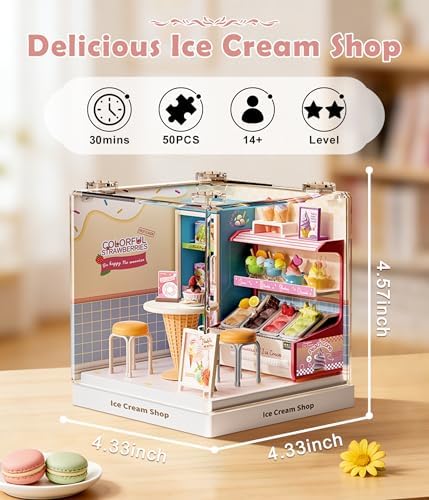 Ice Cream Shop Miniature House Kit, Plastic DIY Dollhouse with Ice Cream Display Counter & Serve Cones, Stackable Transparent Dust Cover, Cute Desktop Decor for Girls Adults Teens - Image 2