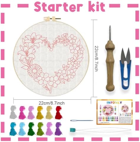 INFUNLY Punch Needle Kit for Beginners Adults Heart Floral Punch Needle Kits with Fabrics Floss Instruction Flower Wreath Needlepoint Embroidery Kits for Craft Lovers and Home Decor - Image 2