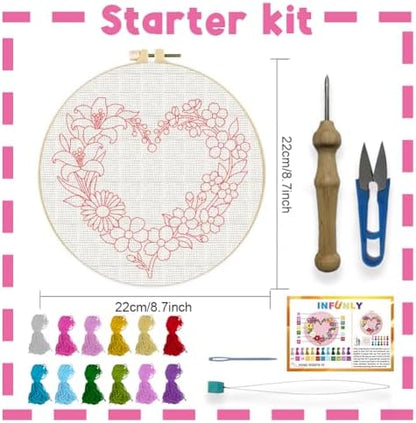 INFUNLY Punch Needle Kit for Beginners Adults Heart Floral Punch Needle Kits with Fabrics Floss Instruction Flower Wreath Needlepoint Embroidery Kits for Craft Lovers and Home Decor - Image 2