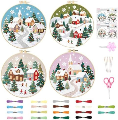 ORIGACH 4 Pcs Christmas Winter Town Embroidery Kit for Beginner by ORIGACH