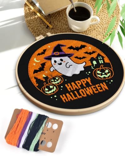 TINDTOP Halloween Embroidery Kit for Adult, Embroidery DIY Starter Kit, with Stamped Patterns, Hoop, Tools, Colorful Threads with Needles, Instructions (Halloween B) - Image 7