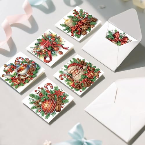 Diamond Art Christmas Cards Kit, 6PCS DIY Diamond Painting Christmas Cards with Envelopes, 5D Diamond Dot Greeting Cards for Adults, Xmas Card for Holiday Crafting Gifts (Christmas Atmosphere) - Image 6