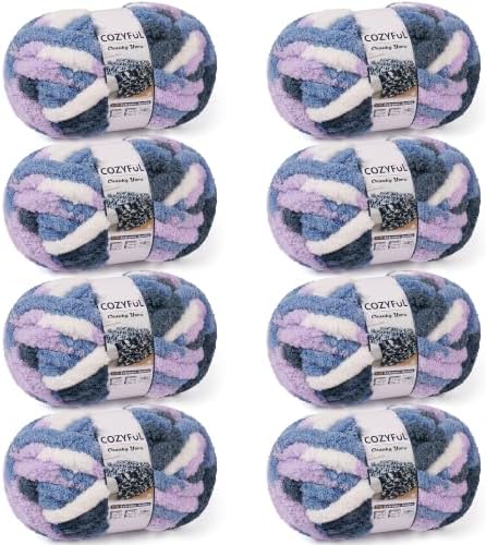 Cozyful Chunky Yarn for Hand Knitting - #10 Chunky Chenille Blanket Yarn, Jumbo Big Thick Chunky Yarns for Crocheting, Tie Dye Bulky Knit Yarns, 8 Skein (20 yds 8 oz Each Skein), Multi Blue&Purple by Cozyful