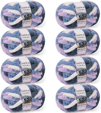 Cozyful Chunky Yarn for Hand Knitting - #10 Chunky Chenille Blanket Yarn, Jumbo Big Thick Chunky Yarns for Crocheting, Tie Dye Bulky Knit Yarns, 8 Skein (20 yds 8 oz Each Skein), Multi Blue&Purple by Cozyful