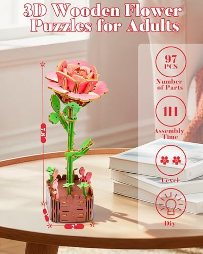 aeloer 3D Wooden Flower Puzzles for Adults - Pink Rose, DIY Model Kit Building Set, Creative Craft for Adults, Unique Botanical Home Office Decor & Relaxing Gift Idea - Image 2